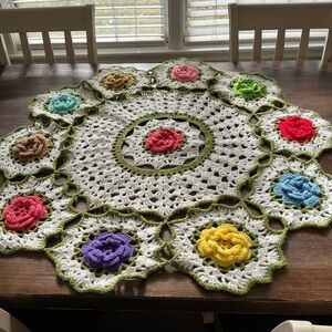 Vintage Handmade Crochet Table Doily 3D Flowers Multicolor Round 40” Centerpiece